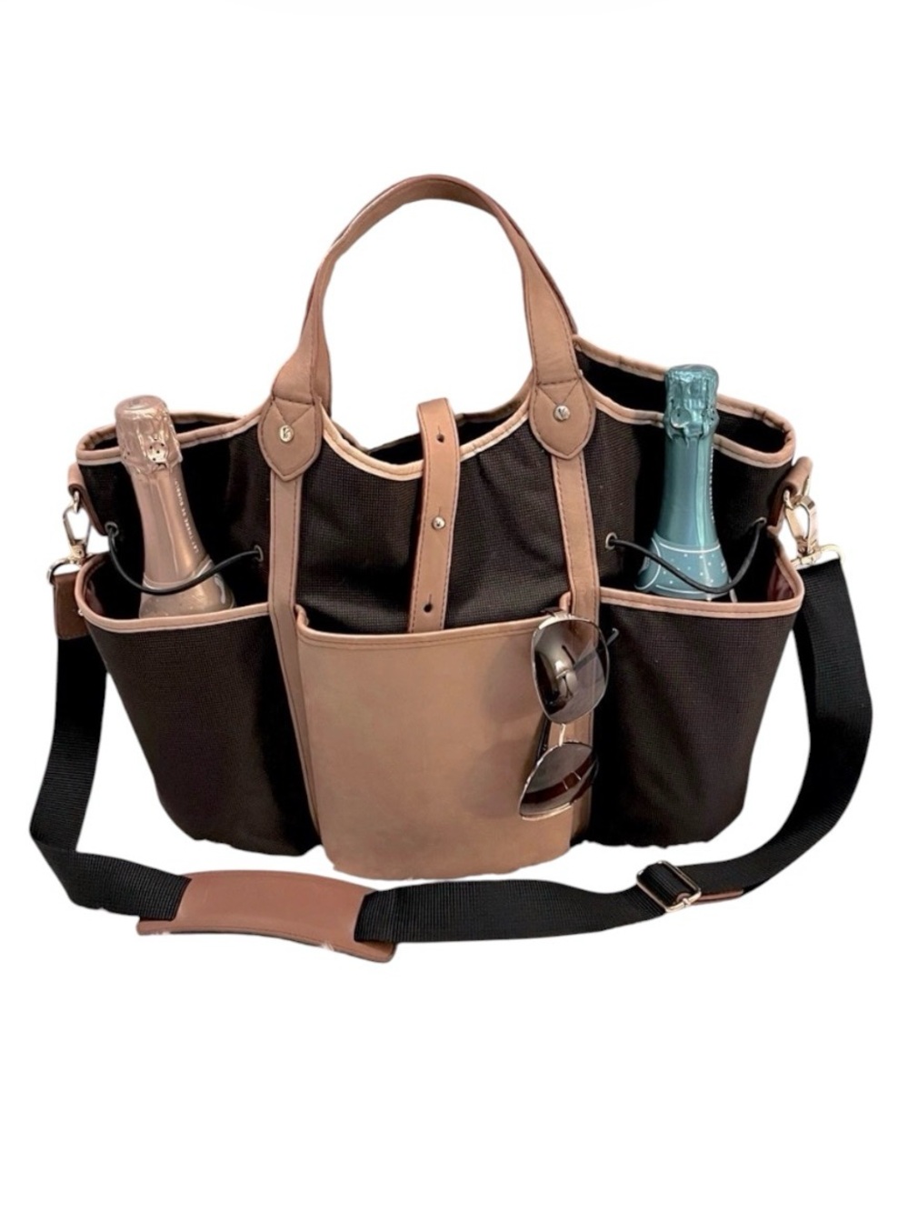 New Vinaferro Tan Brown Leather Trim Canvas Utility Wine Tote Travel Bag